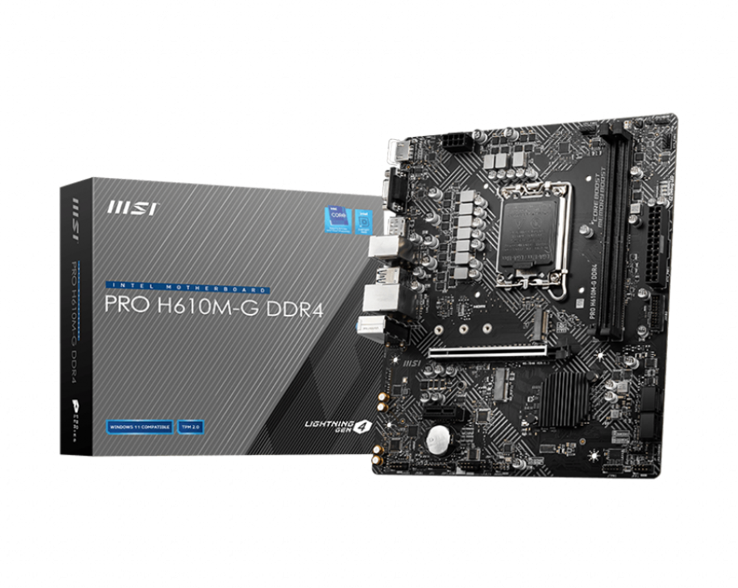 Pro H610M-G DDR4 Micro-ATX Motherboard, Socket LGA 1700, H610 Chipset, 1x Intel I219V Gigabit LAN Controller, 2 DIMM Slots, M.2 Slot, PCI-E X16, SATA III, HDMI, VGA, DP, Black